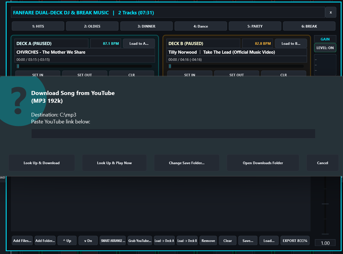 Dual-deck break-music player with YouTube download