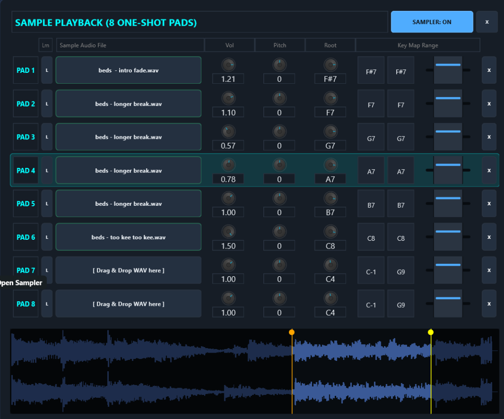 8-Pad Sampler & Waveform Splice Handle Editor